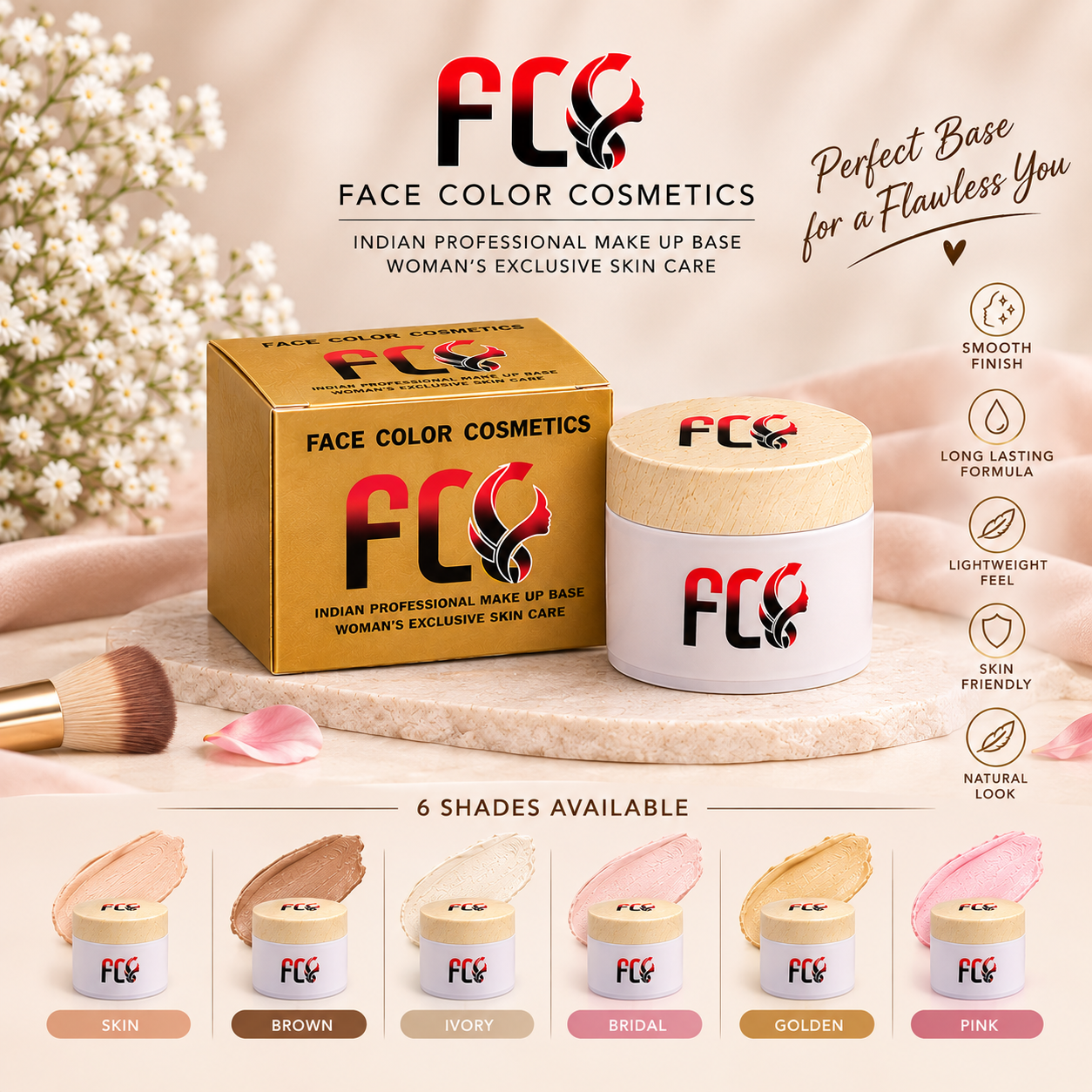 FCC Powder Makeup Base – 12 Hour Stay, Sheer Coverage & Natural Finish | 6 Shades